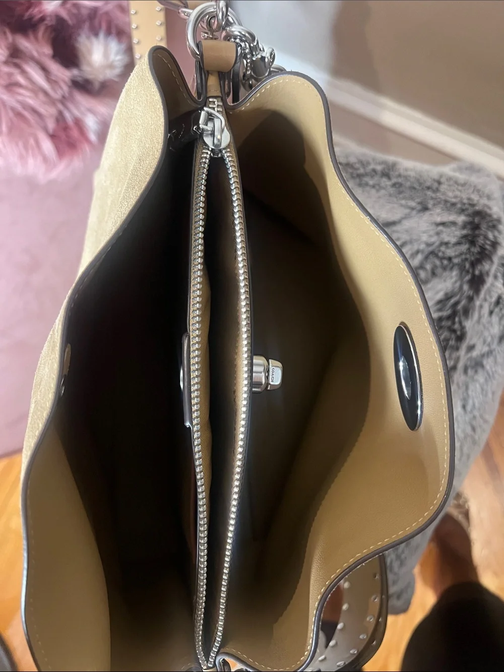 Coach Beige Suede Shoulder Bag with Studded Leather Strap
